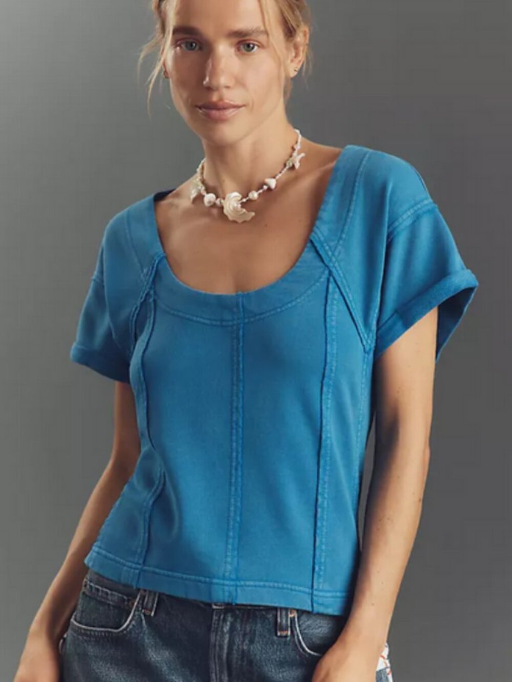Anthropologie Pilcro Short-Sleeve Seamed Sweatshirt Blue Top NWD S